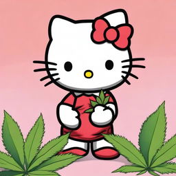 Create an image of Hello Kitty sitting casually with a marijuana leaf in the background