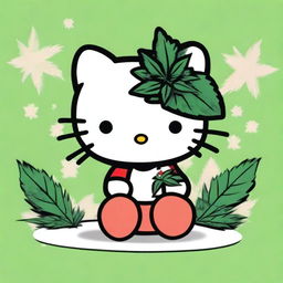 Create an image of Hello Kitty sitting casually with a marijuana leaf in the background