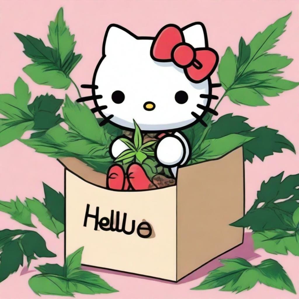 Create an image of Hello Kitty sitting in a box filled with green plants that slightly resemble marijuana leaves for ambiguity