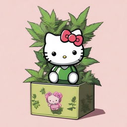 Create an image of Hello Kitty sitting in a box filled with green plants that slightly resemble marijuana leaves for ambiguity