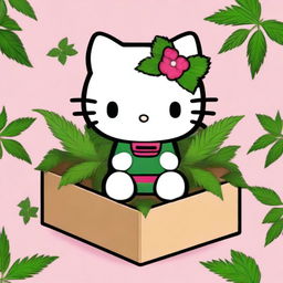 Create an image of Hello Kitty sitting in a box filled with green plants that slightly resemble marijuana leaves for ambiguity