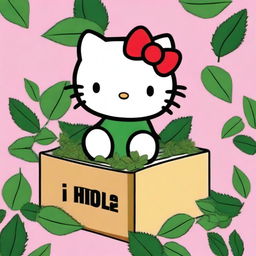 Create an image of Hello Kitty sitting in a box filled with green plants that slightly resemble marijuana leaves for ambiguity