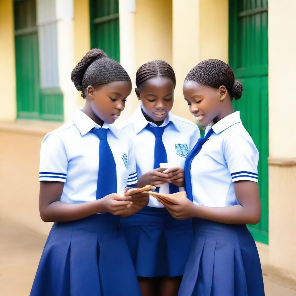 Three Nigerian teenage girls in white and blue school uniform, with a fair girl in the centre using a mobile phone