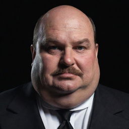 Animated depiction of a closeup of an obese, 45-year-old magician. He has partial baldness, a big mustache, and bleak eyes, set against a dark room backdrop.