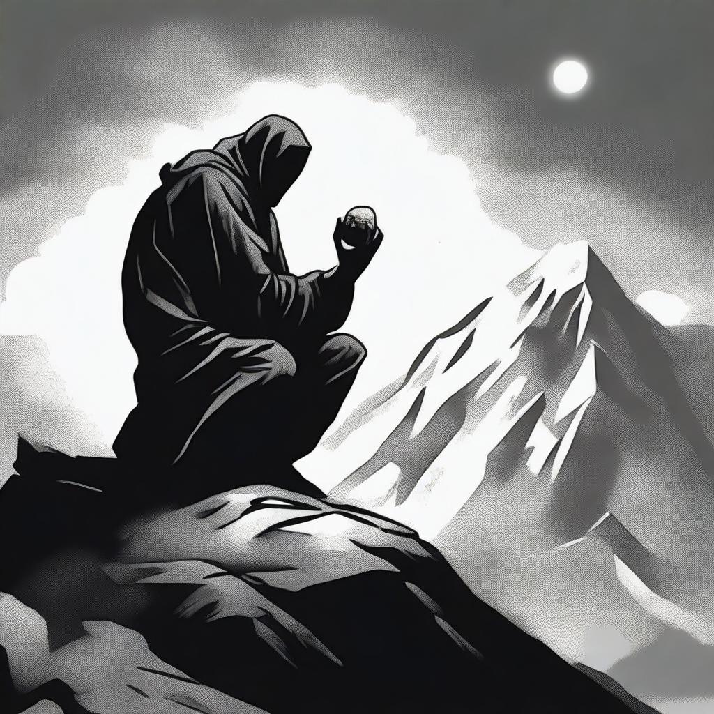 An intense scene of a figure on a mountain top, holding a stone with a menacing intent