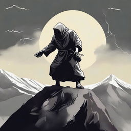 An intense scene of a figure on a mountain top, holding a stone with a menacing intent