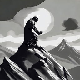 An intense scene of a figure on a mountain top, holding a stone with a menacing intent