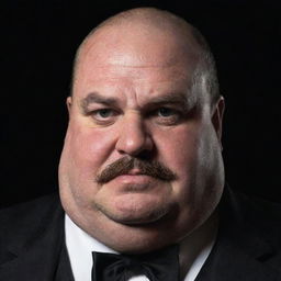 Animated depiction of a closeup of an obese, 45-year-old magician. He has partial baldness, a big mustache, and bleak eyes, set against a dark room backdrop.