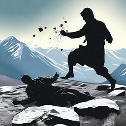 A person brutally killing someone on a mountain using stones