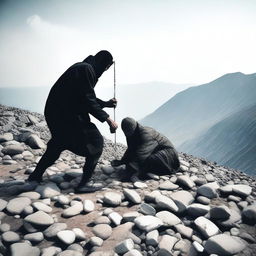 A person brutally killing someone on a mountain using stones