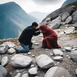 A person brutally killing someone on a mountain using stones