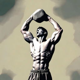 A dynamic image of a person fiercely raising a stone above their head