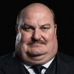 Animated depiction of a closeup of an obese, 45-year-old magician. He has partial baldness, a big mustache, and bleak eyes, set against a dark room backdrop.