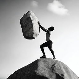 A single person fiercely lifting up a rock