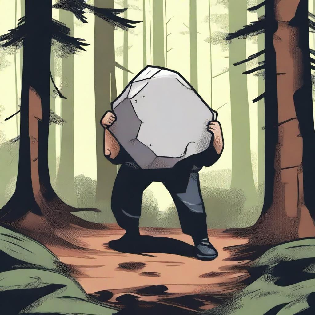 A person in the dense forest, under the cover of obstructions, suddenly lifting a stone, preparing to brutally kill someone