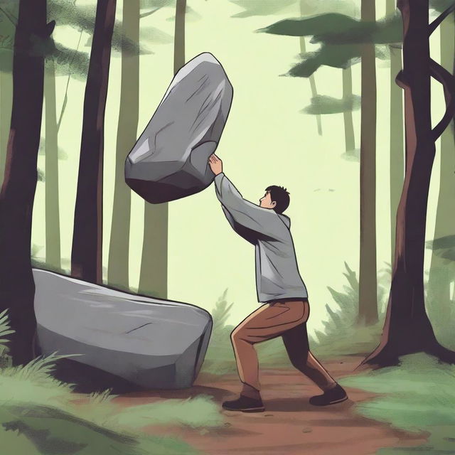 A person in the dense forest, under the cover of obstructions, suddenly lifting a stone, preparing to brutally kill someone