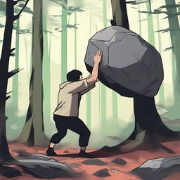 A person in the dense forest, under the cover of obstructions, suddenly lifting a stone, preparing to brutally kill someone