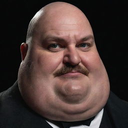 Animated depiction of a closeup of an obese, 45-year-old magician. He has partial baldness, a big mustache, and bleak eyes, set against a dark room backdrop.