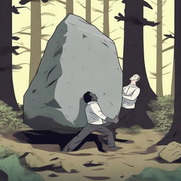 A person in the dense forest, under the cover of obstructions, suddenly lifting a stone, preparing to brutally kill someone