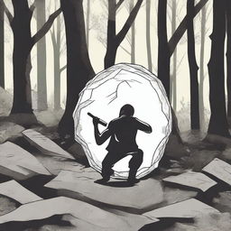 A person in the dense forest, under the cover of obstructions, suddenly lifting a stone, preparing to brutally kill someone