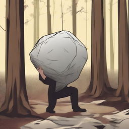 A person in the dense forest, under the cover of obstructions, suddenly lifting a stone, preparing to brutally kill someone