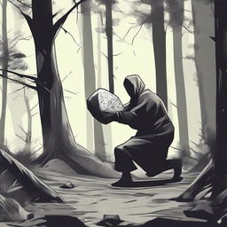 A person in the dense forest, under the cover of obstructions, suddenly lifting a stone, preparing to brutally kill someone