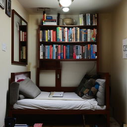 A 10x10 study room full of books belonging to a determined UPSC aspirant. The room contains a single mini bed, a comfortable sofa and a dedicated study table.