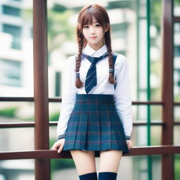 Create an image of a Japanese girl dressed in classic school uniform, featuring a short skirt and long socks