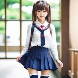 Create an image of a Japanese girl dressed in classic school uniform, featuring a short skirt and long socks