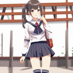 Create an image of a Japanese girl dressed in classic school uniform, featuring a short skirt and long socks