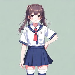 Create an image of a Japanese girl dressed in classic school uniform, featuring a short skirt and long socks