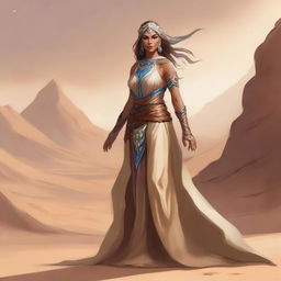 Generate a high quality image of a desert female Eladrin, in the art style of Dungeons and Dragons