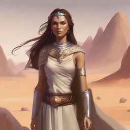 Generate a high quality image of a desert female Eladrin, in the art style of Dungeons and Dragons