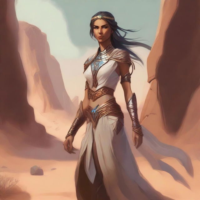 Generate a high quality image of a desert female Eladrin, in the art style of Dungeons and Dragons