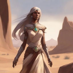 Generate a high quality image of a desert female Eladrin, in the art style of Dungeons and Dragons