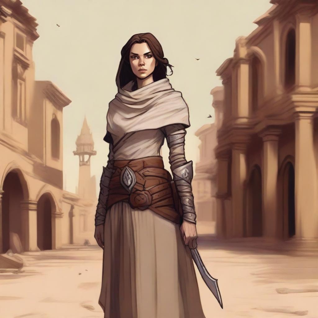 Generate a high quality image of a powerful female human who is the owner of a desert town, in the art style of Dungeons and Dragons