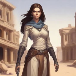 Generate a high quality image of a powerful female human who is the owner of a desert town, in the art style of Dungeons and Dragons