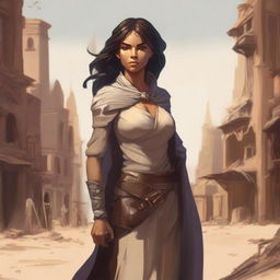 Generate a high quality image of a powerful female human who is the owner of a desert town, in the art style of Dungeons and Dragons