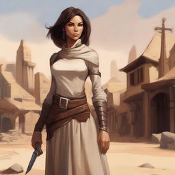 Generate a high quality image of a powerful female human who is the owner of a desert town, in the art style of Dungeons and Dragons