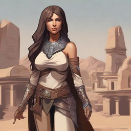 Generate a high quality image of a powerful female human who is the owner of a desert town, in the art style of Dungeons and Dragons