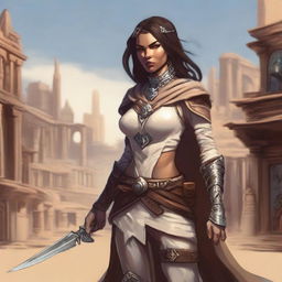 Generate a high quality image of a powerful female human who is the owner of a desert town, in the art style of Dungeons and Dragons