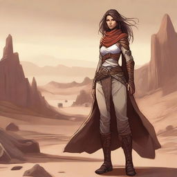 Generate a high quality image of a powerful female human who is the owner of a desert town, in the art style of Dungeons and Dragons