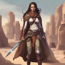 Generate a high quality image of a powerful female human who is the owner of a desert town, in the art style of Dungeons and Dragons