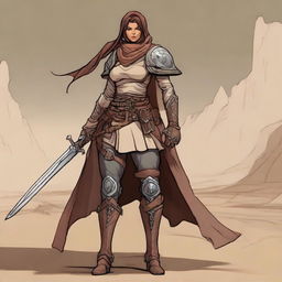 Generate a high quality image of a powerful female human, dressed for desert warfare, in the art style of Dungeons and Dragons