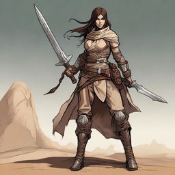 Generate a high quality image of a powerful female human, dressed for desert warfare, in the art style of Dungeons and Dragons