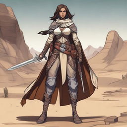 Generate a high quality image of a powerful female human, dressed for desert warfare, in the art style of Dungeons and Dragons