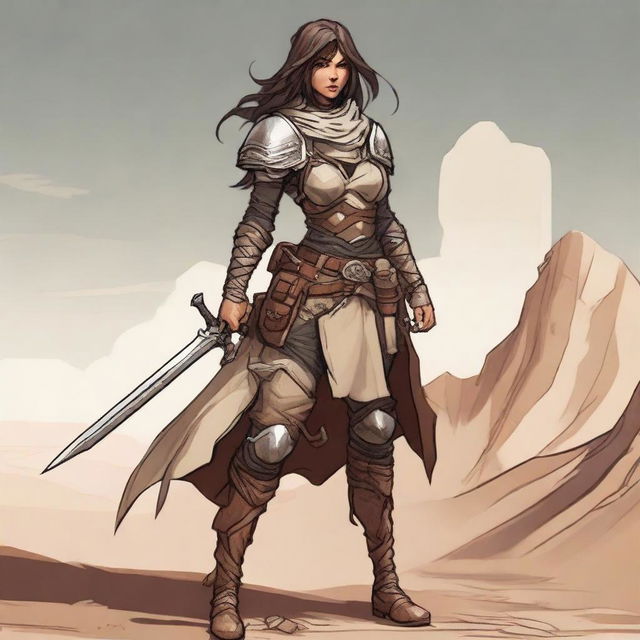 Generate a high quality image of a powerful female human, dressed for desert warfare, in the art style of Dungeons and Dragons