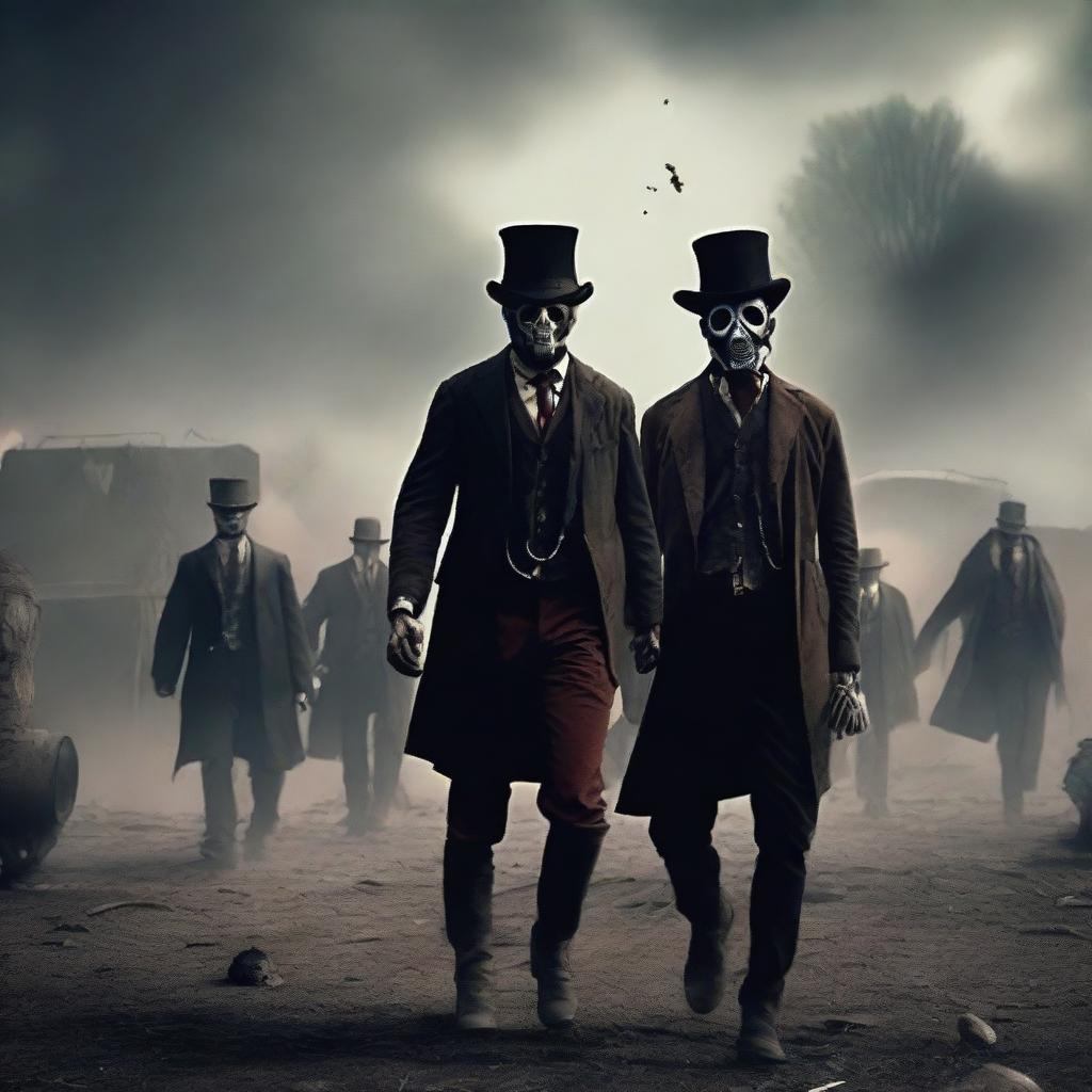 Generate an image depicting a post-zombie apocalyptic war scene set in a rural area