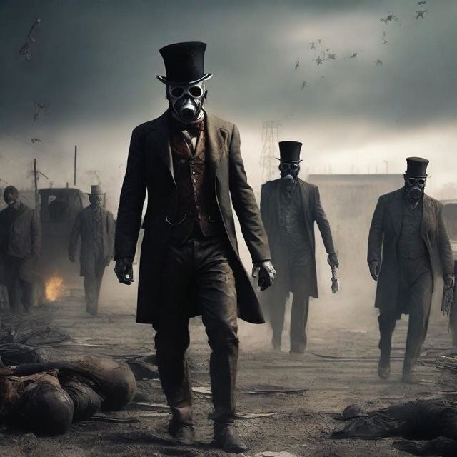Generate an image depicting a post-zombie apocalyptic war scene set in a rural area