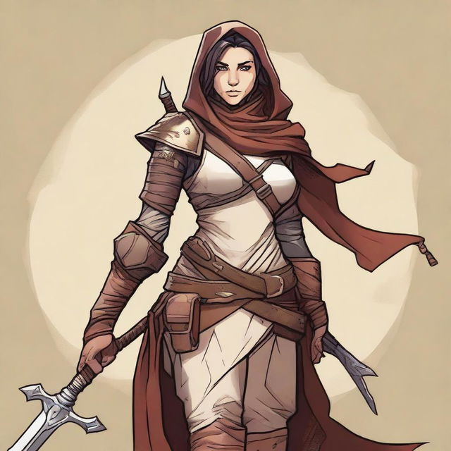 Generate a high quality image of a powerful female human who is dressed for desert warfare, in the art style of Dungeons and Dragons